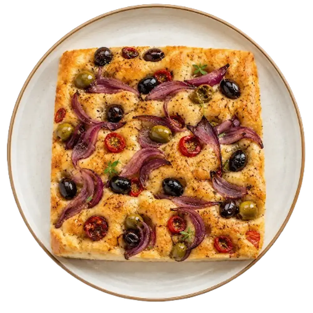 Focaccia barese gourmet con cipolla rossa e olive