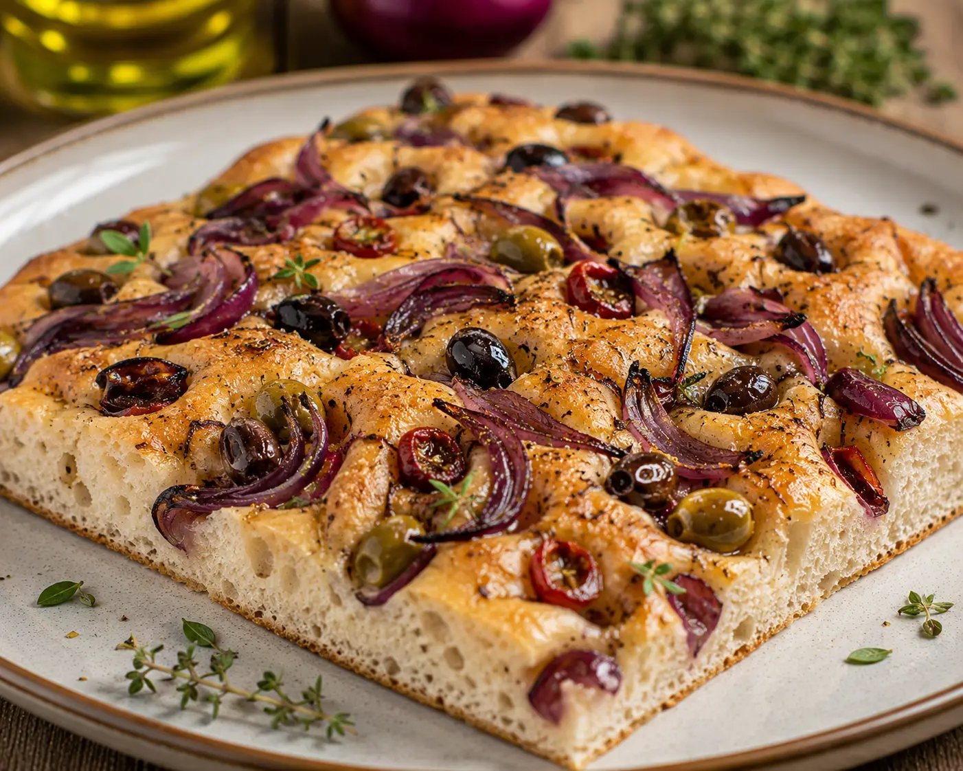 Focaccia barese con cipolla rossa e olive