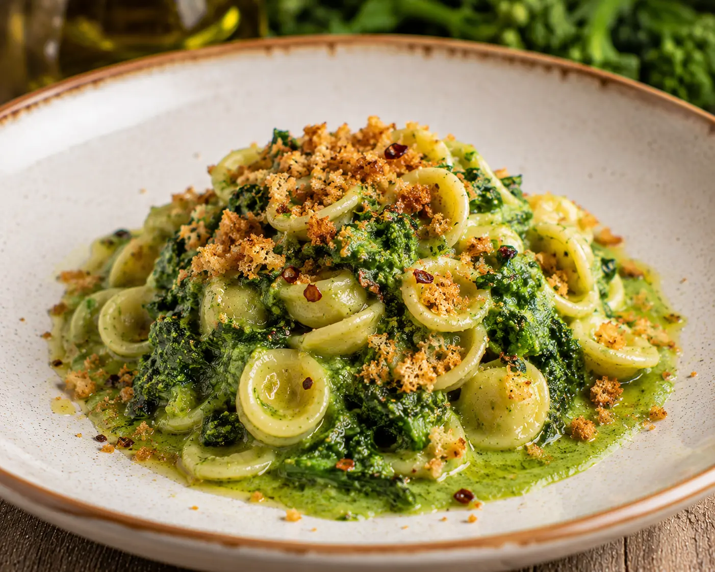 Orecchiette con crema di cime di rapa e mollica croccante