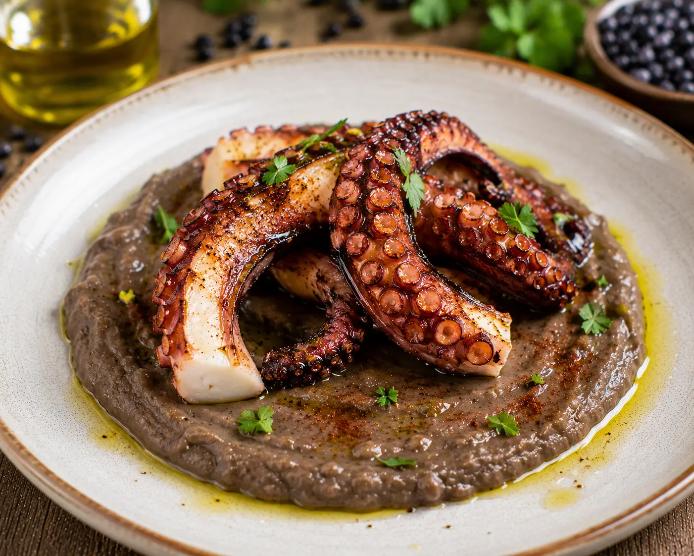Polpo arrosto su crema di ceci neri