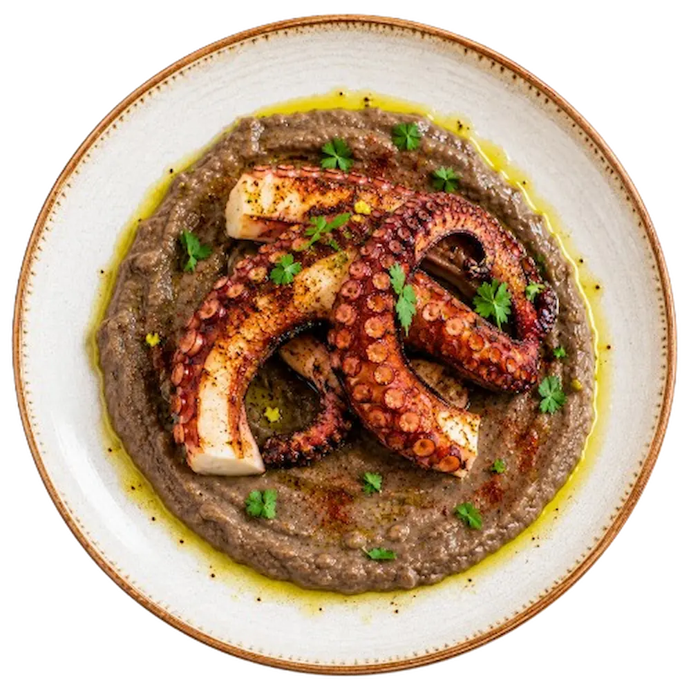 Polpo arrosto su crema di ceci neri, piatto pronto