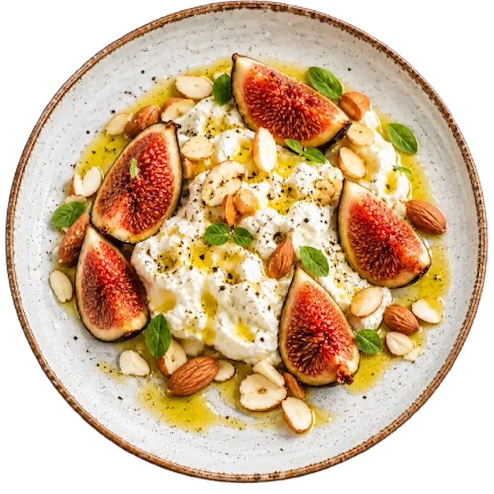 Stracciatella con fichi, mandorle di Toritto e Olio extravergine di oliva Carone, piatto pronto